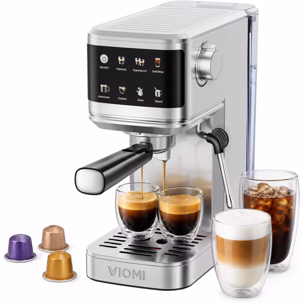 VIOMI T1B Pro ES02UK-02 coffee machine - Front angled wiew of the machine with espresso and cold brew drinks and capsules